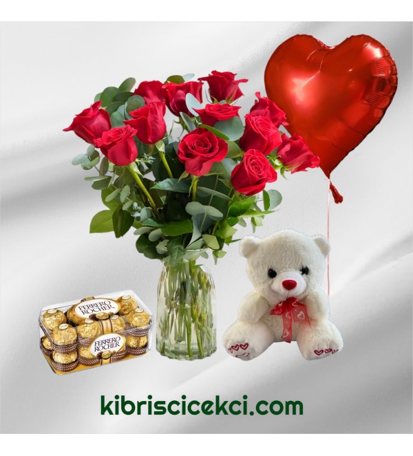 Vazoda 13 Kırmızı Gül Ayıcık 16'lı Ferrero Çikolata Kalp Helyum Balon